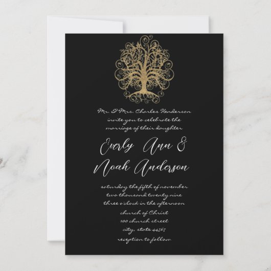 Gold Swirl Tree Black Metallic Weddenschap Kaart (Achterkant)