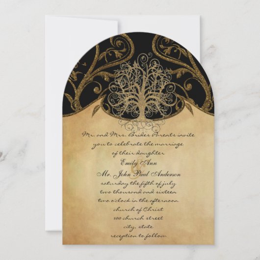 Gold Swirl Tree Gold en Black Metallic Wedding Kaart (Voorkant)