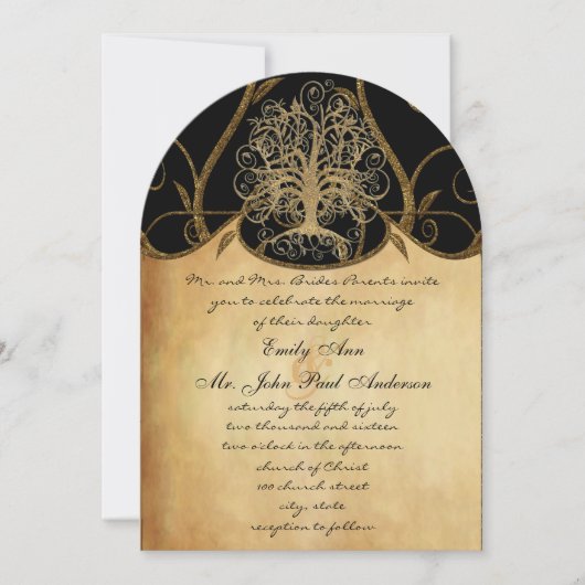 Gold Swirl Tree Gold en Black Metallic Wedding Kaart (Voorkant)