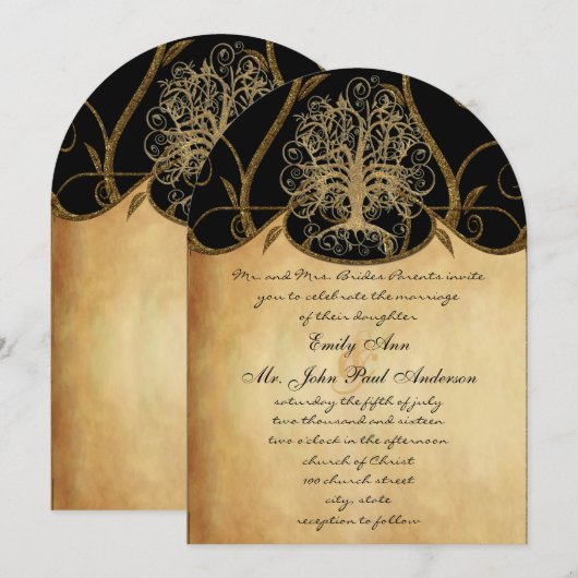 Gold Swirl Tree Gold en Black Metallic Wedding Kaart (Voorkant / Achterkant)