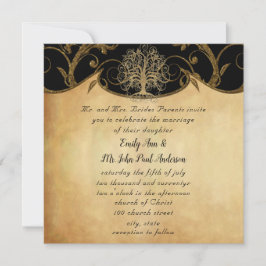Gold Swirl Tree Gold en Black Metallic Wedding Kaart