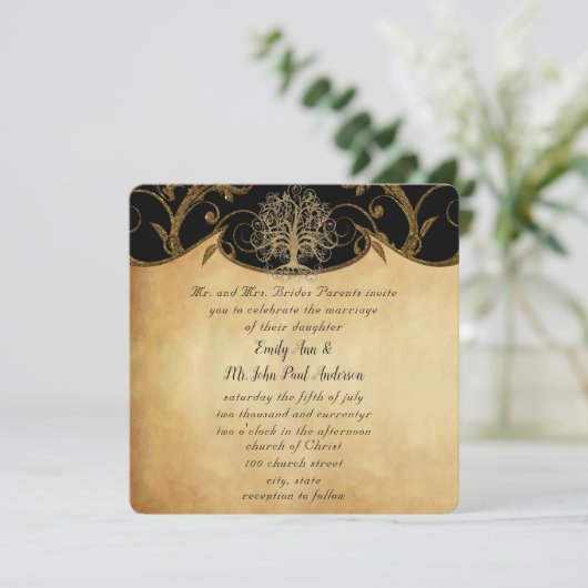 Gold Swirl Tree Gold en Black Metallic Wedding Kaart (Staand voorkant)