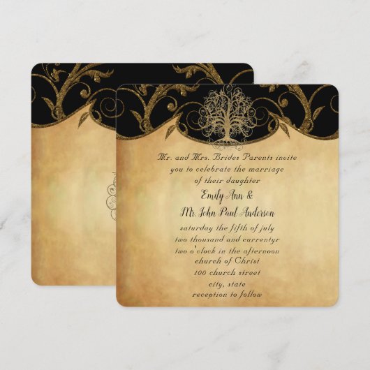 Gold Swirl Tree Gold en Black Metallic Wedding Kaart (Voorkant / Achterkant)