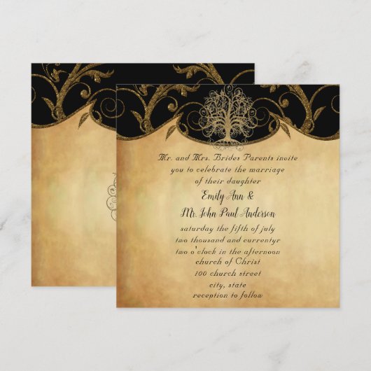 Gold Swirl Tree Gold en Black Metallic Wedding Kaart (Voorkant / Achterkant)