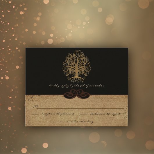 Gold Swirl Tree Gold en Black Metallic Wedding RSV RSVP Kaartje
