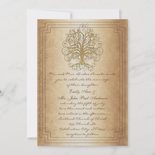 Gold Swirl Tree Gold Metallic Weddenschap Kaart (Voorkant)