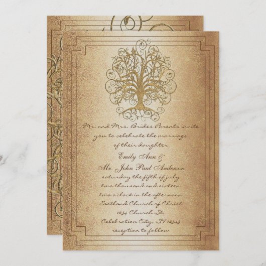 Gold Swirl Tree Gold Metallic Weddenschap Kaart (Voorkant / Achterkant)