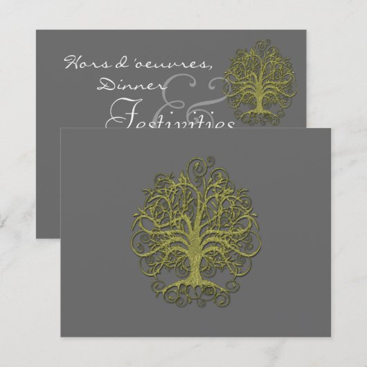 Gold Swirl Tree op Gray Wedding Reception Kaart (Voorkant / Achterkant)