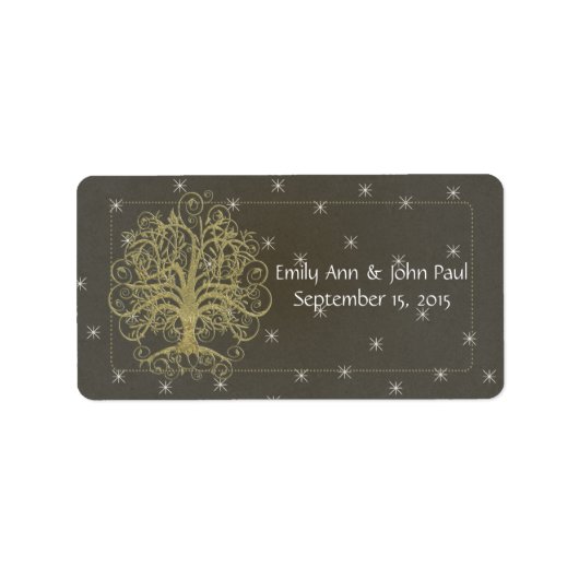 Gold Swirl Tree op zwart met sterren Save the Date Etiket (Voorkant)