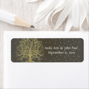 Gold Swirl Tree op zwart met sterren Save the Date Etiket