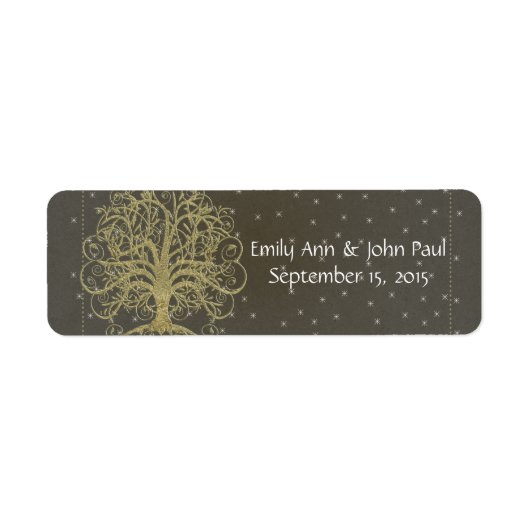 Gold Swirl Tree op zwart met sterren Save the Date Etiket (Voorkant)