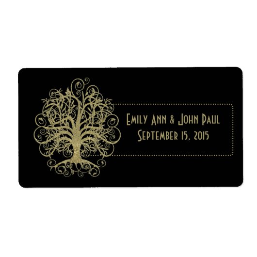 Gold Swirl Tree op zwart met Stippen labels (Voorkant)