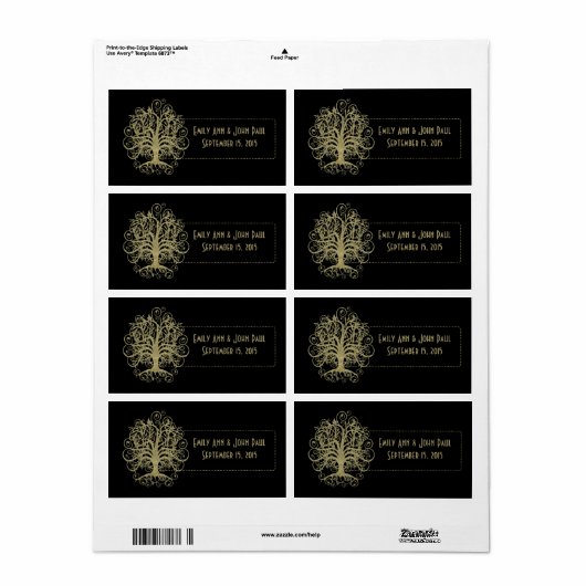 Gold Swirl Tree op zwart met Stippen labels (Full Sheet)