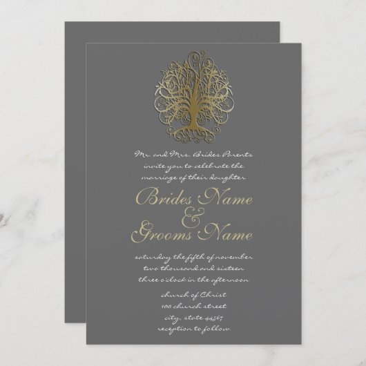 Gold Swirl Tree Roots of Love Wedding Invitation 2 Kaart (Voorkant / Achterkant)