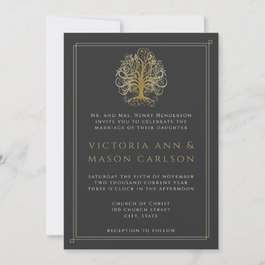 Gold Swirl Tree Roots of Love Wedding Invitation 2 Kaart (Voorkant)
