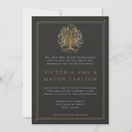 Gold Swirl Tree Roots of Love Wedding Invitation 2 Kaart