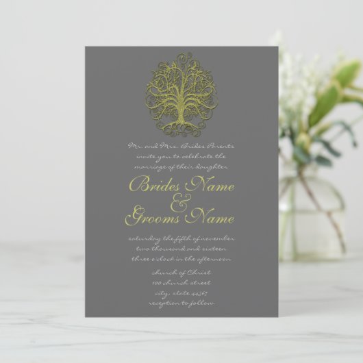 Gold Swirl Tree Roots of Love Wedding Invitation Kaart (Staand voorkant)