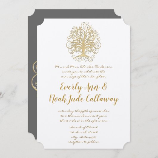 Gold Swirl Tree Roots of Love Wedding Invitation Kaart (Voorkant / Achterkant)