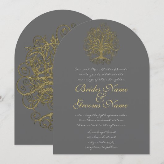 Gold Swirl Tree Roots of Love Wedding Invite #3 Kaart (Voorkant / Achterkant)