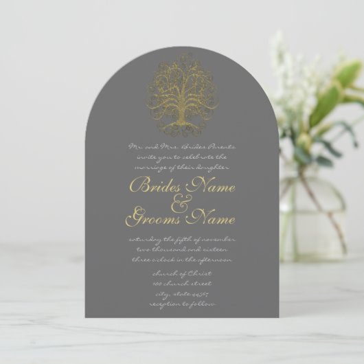 Gold Swirl Tree Roots of Love Wedding Invite #3 Kaart (Staand voorkant)