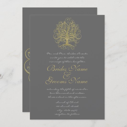 Gold Swirl Tree Roots of Love Wedding Invite #4 Kaart (Voorkant / Achterkant)