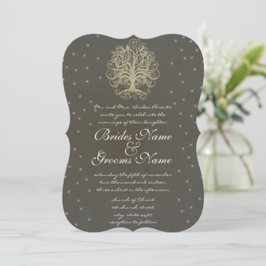 Gold Swirl Tree Roots of Love Wedding Invite #4 Kaart (Staand voorkant)
