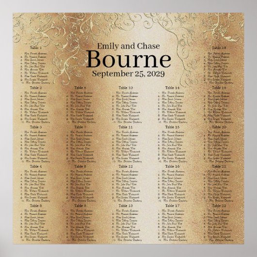 Gold Swirl Wedding Seating Chart Poster (Voorkant)