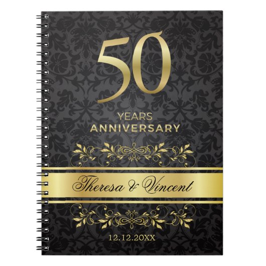 Gold Swirls Black Damask 50 Wedding Jubileum Notitieboek (Voorkant)