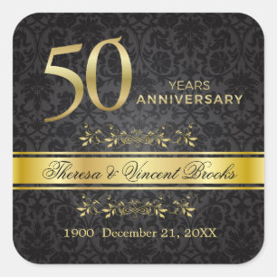 Gold Swirls Black Damask 50 Wedding Jubileum Vierkante Sticker