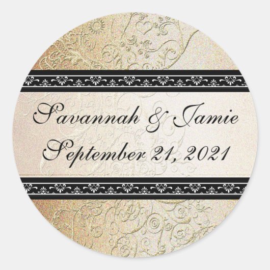 Gold Swirls Black Font Weddensticker Ronde Sticker (Voorkant)