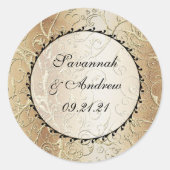 Gold Swirls Black Font Weddensticker Ronde Sticker (Voorkant)