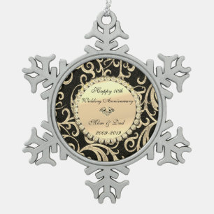 Gold Swirls Diamonds 10th Wedding Jubileum Tin Sneeuwvlok Ornament