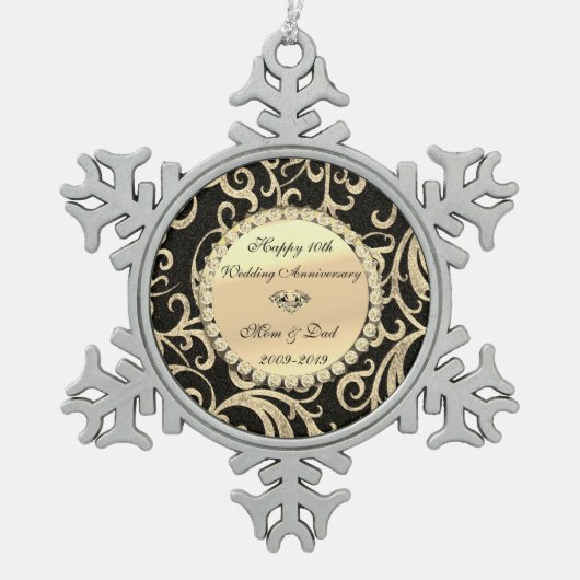 Gold Swirls Diamonds 10th Wedding Jubileum Tin Sneeuwvlok Ornament (Voorkant)