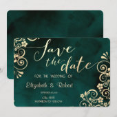 Gold Swirls Emerald Green Wedding Save The Date (Voorkant / Achterkant)