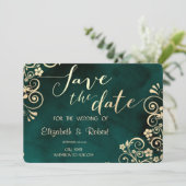 Gold Swirls Emerald Green Wedding Save The Date (Staand voorkant)