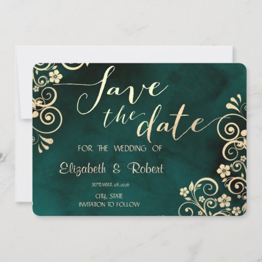 Gold Swirls Emerald Green Wedding Save The Date (Voorkant)