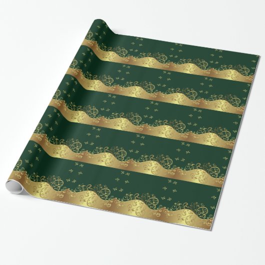 Gold Swirls en Donkergroen Cadeaupapier (Uitgerold)