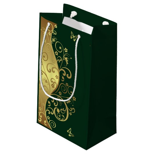 Gold Swirls en Donkergroen Klein Cadeauzakje (Achterkant Gekanteld)
