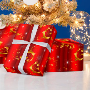 Gold Swirls en sterren Red Kerstmis Cadeaupapier