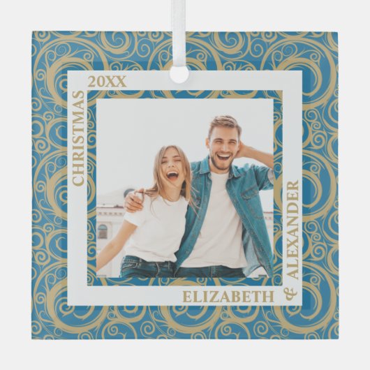 Gold Swirls Foto Blue Glas Ornament (Voorkant)