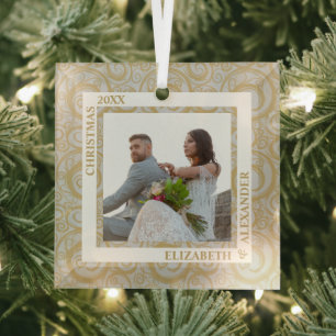 Gold Swirls Foto grijs Glas Ornament