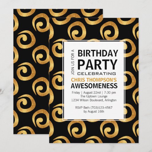 Gold Swirls op Black Modern Verjaardagsfeest Kaart (Voorkant / Achterkant)