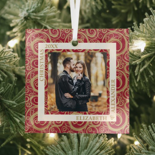 Gold Swirls Photo Cranberry Glas Ornament (Insitu)