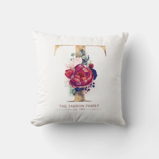 Gold T Monogram Floral Burgundy Red en Navy Blue Kussen (Voorkant)