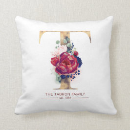 Gold T Monogram Floral Burgundy Red en Navy Blue Kussen