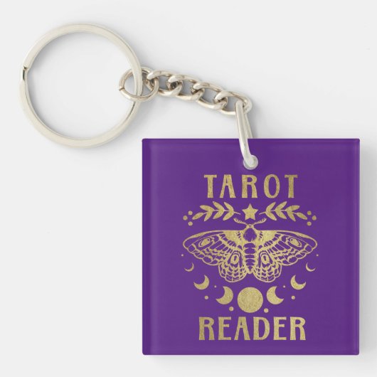 Gold Tarot Reader Moon Phase Moth Stars Sleutelhanger (Voorkant)
