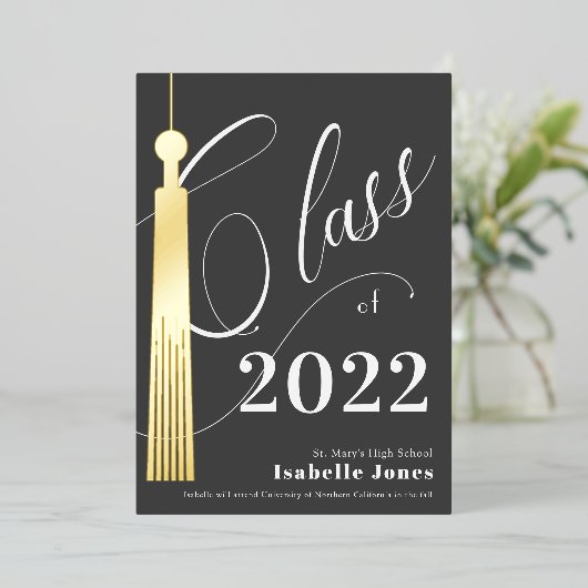 Gold Tassel Grey Afstuderen Folie Uitnodiging (Staand Voorkant)