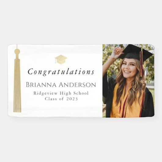 Gold Tassel & Pet White Graduparty foto Spandoek (Horizontaal)