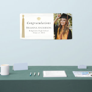 Gold Tassel & Pet White Graduparty foto Spandoek