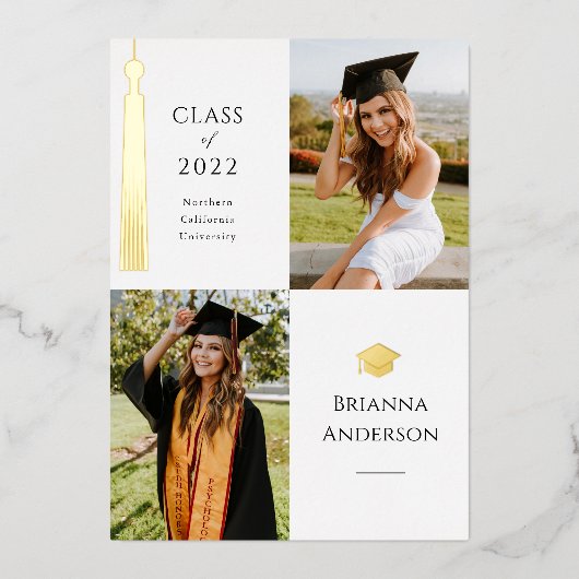 Gold Tassel White 2 Photo Afstuderen Folie Uitnodiging (Voorkant)